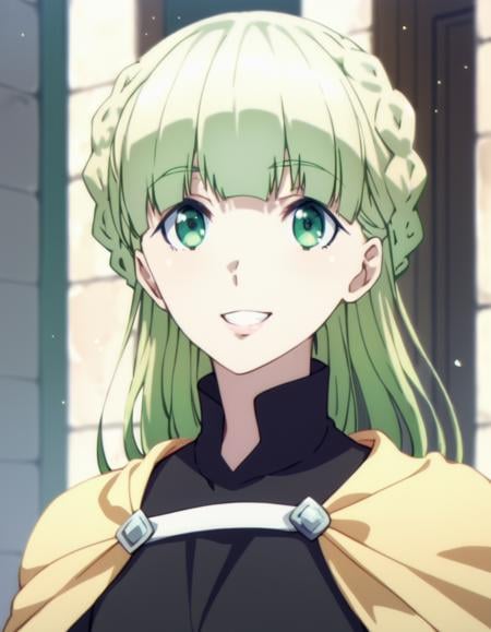 score_9, score_8_up, score_7_up, score_6_up, score_5_up, score_4_up, source_anime, , Zena, long hair, green hair, green eyes, braid, , dynamic pose, smile