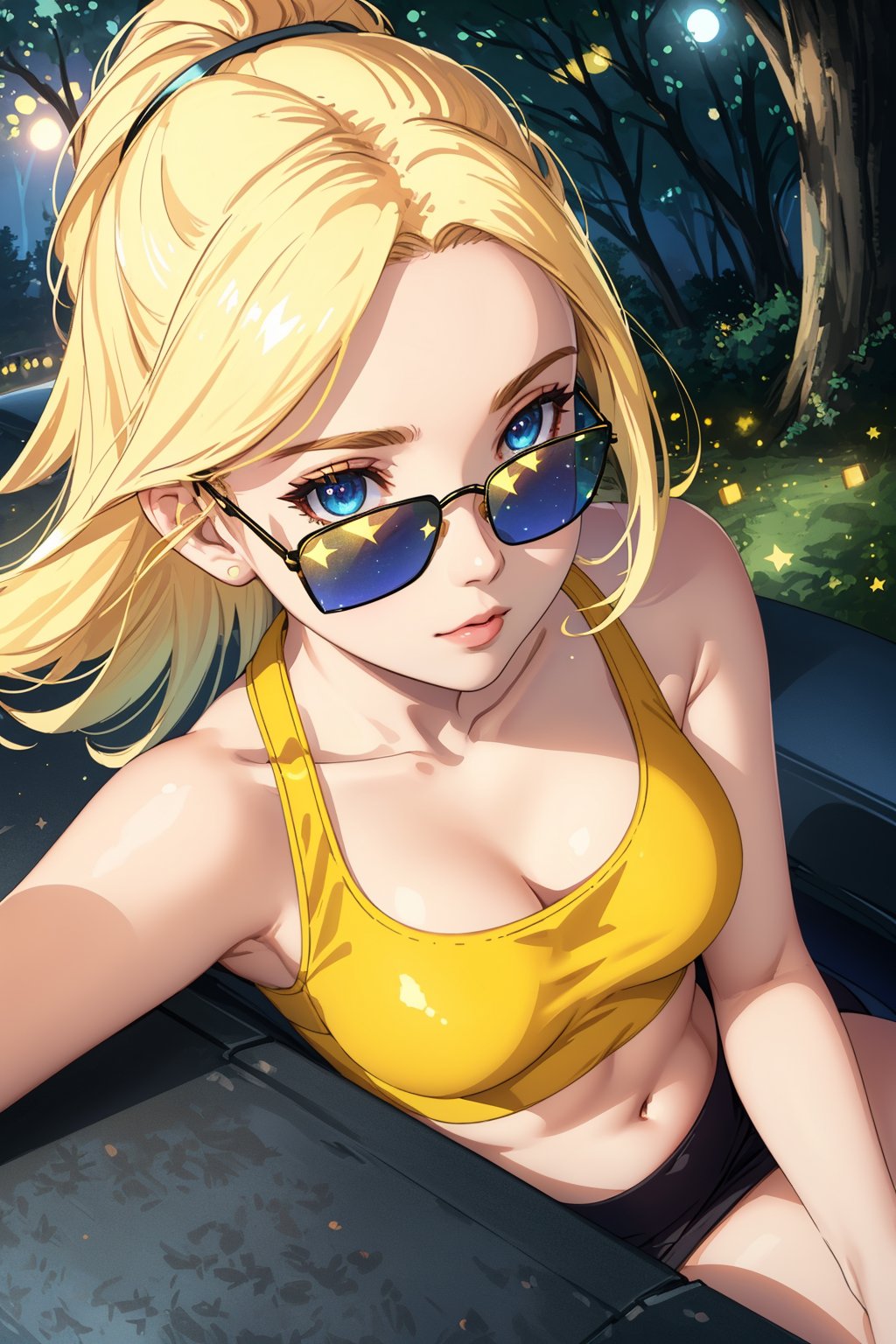 fcDetailPortrait, from_above, crop top, detailed face, yellow bodycon tank top, hair, park, sky, trees, pale skin, moonlight, stars, 1girl, statement sunglasses, woman,petite, vivid colors, bokeh background, subject for emphasis,dramatic colors,