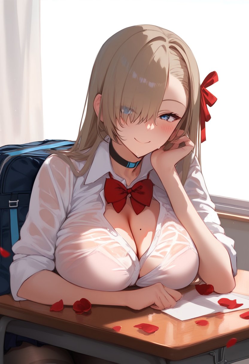 score_9, score_8_up, score_7_up, score_6_up, score_5_up, score_4_up, <lora:style1:1>, style1, 1girl, solo, long hair, breasts, looking at viewer, blush, smile, blue eyes, shirt, large breasts, skirt, long sleeves, holding, bow, ribbon, closed mouth, cleavage, sitting, school uniform, white shirt, hair ribbon, thighs, pantyhose, pleated skirt, collared shirt, choker, indoors, bowtie, mole, hair over one eye, bag, (breast rest), blurry, red bow, red ribbon, black pantyhose, wet, see-through, petals, window, black choker, open shirt, chair, light brown hair, curtains, red bowtie, wet clothes, desk, sleeves rolled up, mole on breast, one eye covered, school bag, thighband pantyhose, head rest, asymmetrical bangs, valentine, classroom, school desk, wet shirt, falling petals, breast rest, school chair, elbow rest, breasts on table, asuna \(blue archive\)