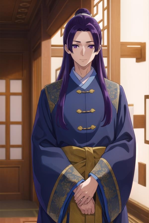 jinshi, <lora:jinshi s1-lora-nochekaiser:1>,jinshi, long hair, (purple eyes:1.1), purple hair, male focus, hair bun, (parted bangs:1.5), smile,BREAK long sleeves, wide sleeves, chinese clothes, robe, hanfu,BREAK indoors,BREAK looking at viewer, (cowboy shot:1.5),BREAK <lyco:GoodHands-beta2:1>, (masterpiece:1.2), best quality, high resolution, unity 8k wallpaper, (illustration:0.8), (beautiful detailed eyes:1.6), extremely detailed face, perfect lighting, extremely detailed CG, (perfect hands, perfect anatomy),