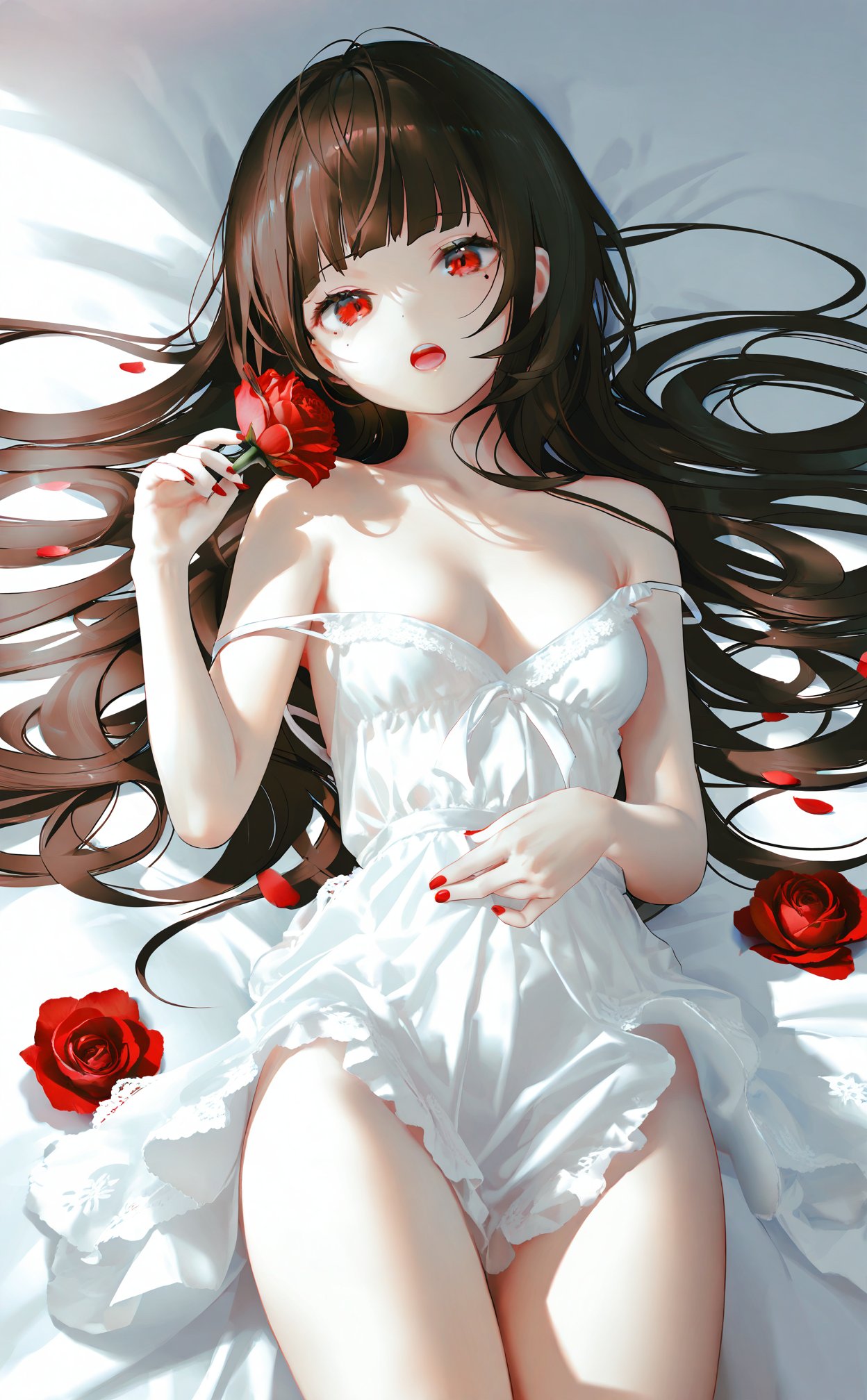 masterpiece,best quality,illustration,ultra detailed,hdr,Depth of field,(colorful),[Artist chen bin],[iumu],[Artist omone hokoma agm],Artist roha,1girl, rose, solo, flower, red eyes, red nails, lying, long hair, dress, on back, white dress, looking at viewer, holding flower, petals, breasts, red flower, holding, open mouth, nail polish, bare shoulders, red rose, strap slip, mole, small breasts, mole under eye, bare arms, rose petals, sleeveless dress, sleeveless, on bed, spaghetti strap, brown hair, cowboy shot, black hair, hand up, cleavage, upper teeth only, collarbone, thighs, bed sheet, blunt bangs, hair spread out, curtains, teeth, sunlight