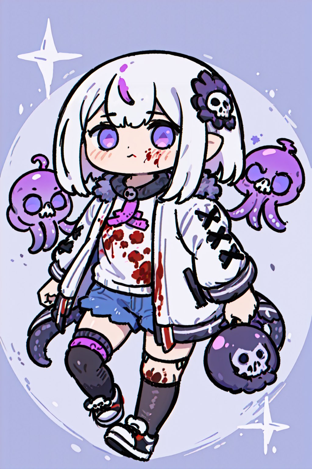 masterpiece,best_quality,concept_art,1girl,solo,loli,Necromancer,white_hair,long_jacket,purple_eyes,purple_liquid,wand,partly_bangs,hair_between_eyes,sneakers,black_legwear,((tentacles,skull,nightmare,flouting_eyeballs,blood))<lora:生草福娃:1>,