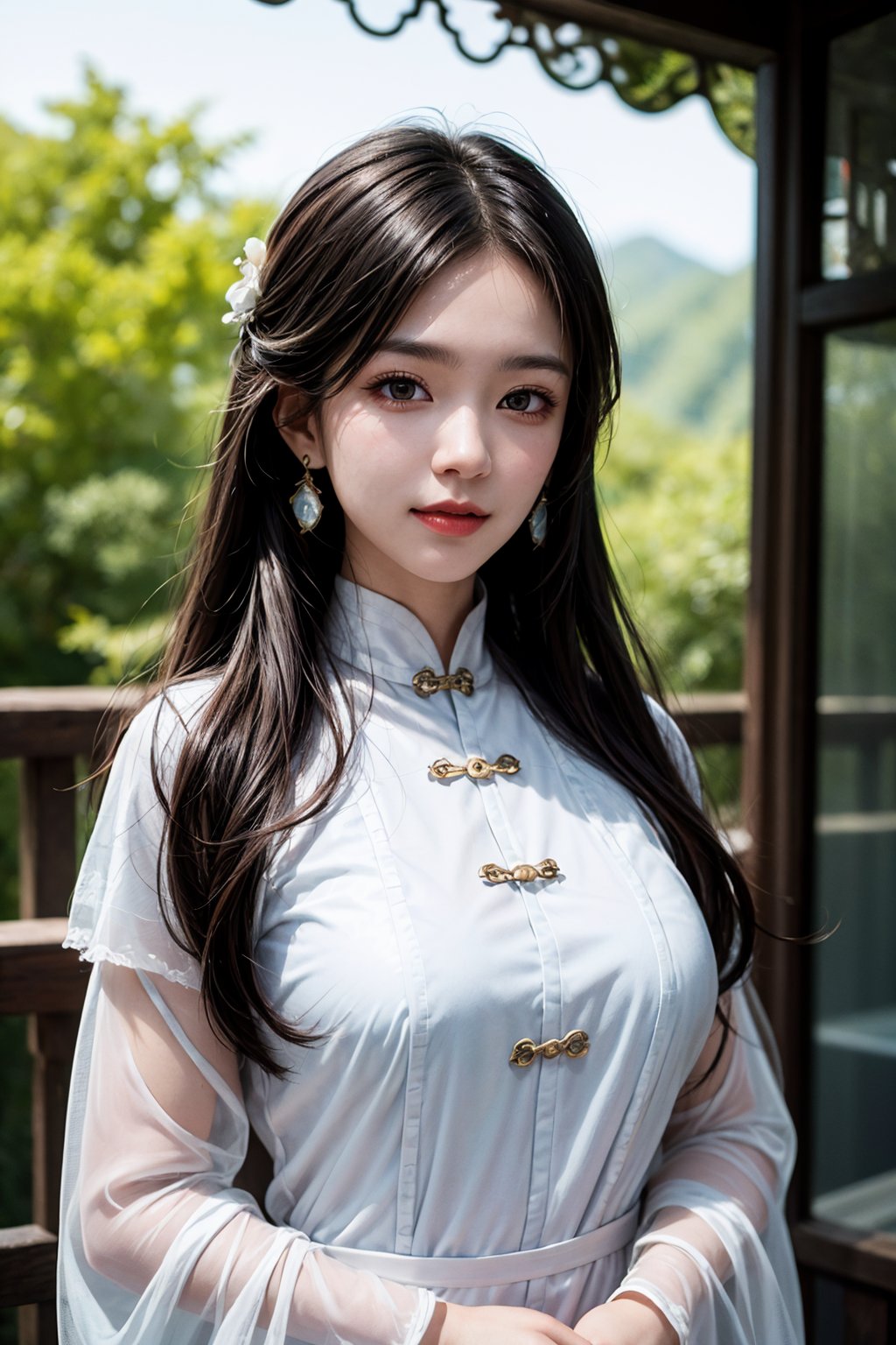 cinematic photo (best quality, masterpiece, 8K, ultra high res, realistic:1.3),(Beautiful and detailed face:1.2),(upper body:1.2),1girl,solo,looking at viewer,big breasts,slim body,black long hair,arms at sides,smile,(Extremely detailed light white chinese long robe:1.2),earrings,hairpin,necklace,architecture,east asian,riverside,forest,(transparent clothes:1.8),(Bangs:0.5),<lora:add_detail:0.3>,<lora:more_details:0.3>,<lora:FilmVelvia3:0.4>,<lora:polyhdron_all_in_one_eyes_hands_skin_fin:0.2>,<lora:skin_slider_v1:0.8>,