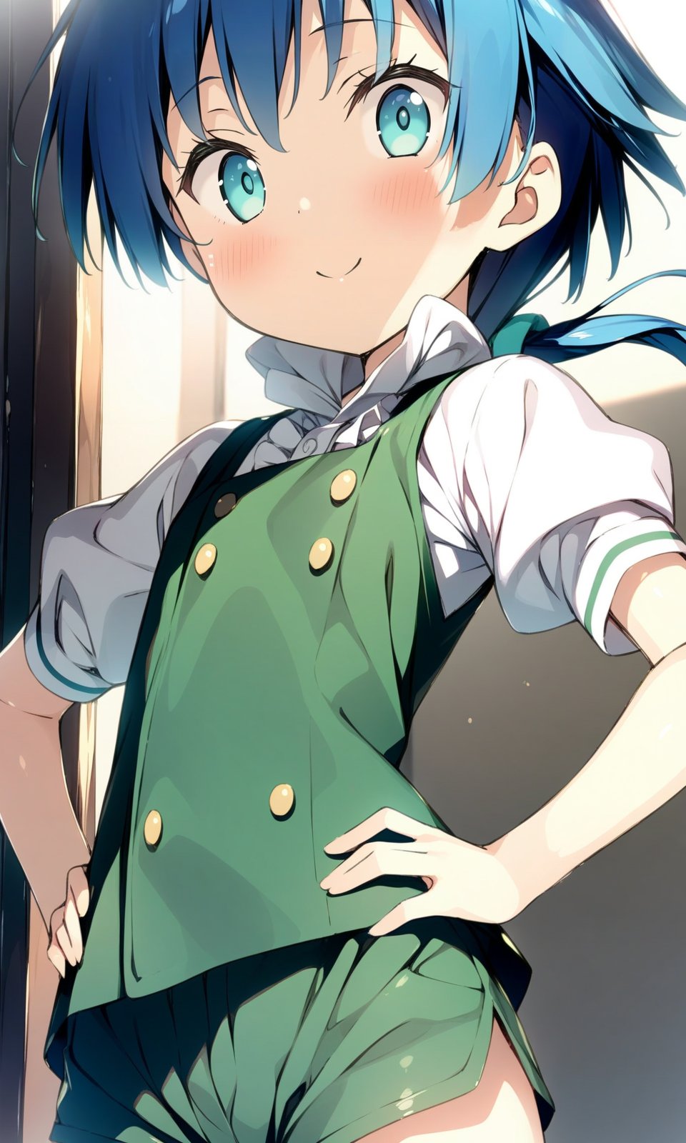 solo, 1boy, lloyd, aqua eyes, blue hair, short hair, low ponytail, green vest, white shirt, puffy short sleeves, green short shorts, looking at viewer, smile, =), hands on own hips, upper body, masterpiece, best quality, very aesthetic, absurdres, by kantoku, <lora:LloydDeSaloum_XL:1> 