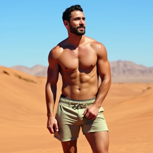 A majestic figure emerges against the arid desert landscape,  The muscular adventurer, mid-40s, sports a chiseled physique and a stunning face, eyes piercing like a clear blue sky. A captivating smile spreads across his features, as if he's just shared a thrilling tale. Khaki shorts highlight his toned legs, with a subtle bulge hinting at the adventurous life he leads. In super high resolution, every detail stands out: the fine lines of his face, the rugged terrain, and the volumetric lighting casting long shadows. The background is a masterclass in depth of field, drawing attention to our solitary hero as he gazes out upon the vast desert expanse.