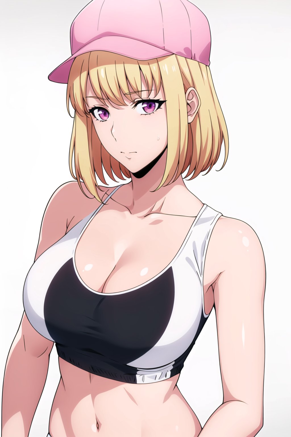 Simple White Background,dynamic pose,standing at attention,white sports bra top, bare shoulders, collarbone, cleavage, <lora:Cha_Hae_In_SoloLeveling-KK77-V1:0.7>,Pink Hat,Pink eyes, blonde hair, bangs,short hair,<lora:Oda_Non_Style-KK77-V2:0.3>,<lora:more_details:0.1>,1 girl, 20yo,Young female,Beautiful long legs,Beautiful body,Beautiful Nose,Beautiful character design, perfect eyes, perfect face,expressive eyes,perfect balance,looking at viewer,(Focus on her face),closed mouth, (innocent_big_eyes:1.0),(Light_Smile:0.3),official art,extremely detailed CG unity 8k wallpaper, perfect lighting,Colorful, Bright_Front_face_Lighting,White skin,(masterpiece:1.0),(best_quality:1.0), ultra high res,4K,ultra-detailed,photography, 8K, HDR, highres, absurdres:1.2, Kodak portra 400, film grain, blurry background, bokeh:1.2, lens flare, (vibrant_color:1.2),professional photograph,(Beautiful,large_Breasts:1.4), (beautiful_face:1.5),(narrow_waist), 