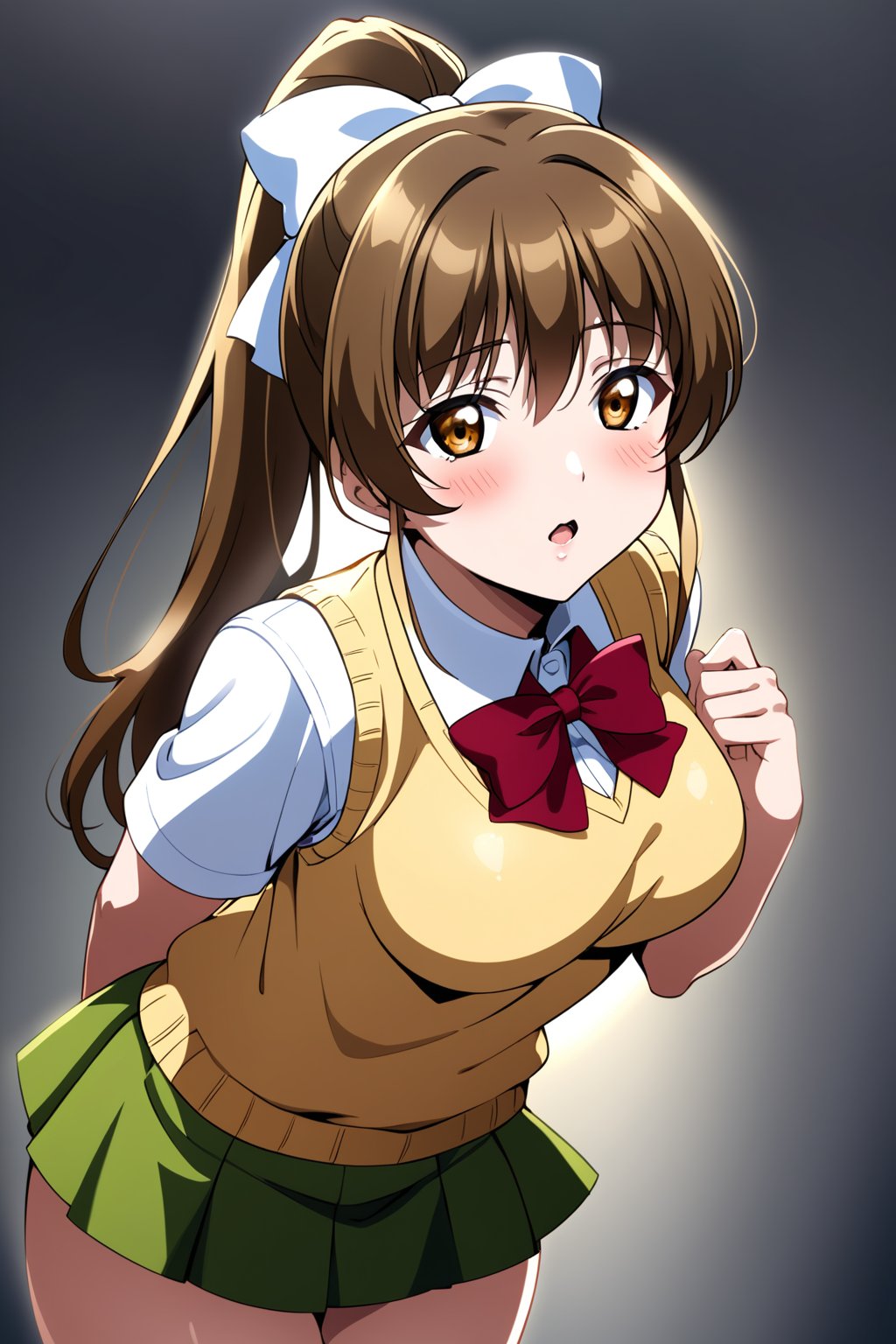 sunohara shizuka, 1girl, solo, skirt, breasts, brown hair, medium breasts, green skirt, brown eyes, , sweater vest, ponytail, bow, long hair, looking at viewer, shirt, pleated skirt, red bow, white shirt, short sleeves, hair bow, bowtie, thighs, collared shirt, blush, miniskirt, red bowtie, white bow, yellow sweater vest, ribbon, parted lips, yellow vest, standing, cowboy shot, open mouth, high ponytail, hair ribbon, hair between eyes, vest, hands behind back, vibrant lighting, high contrast, dramatic shadows, highly detailed, detailed skin, depth of field, masterpiece, best quality, expressive eyes, perfect face, perfect body, beautiful girl, cute girl,<lora:sunohara shizuka aam 728:1>