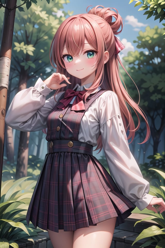 insanely detailed, absurdres, ultra-highres, ultra-detailed, best quality,1girl, solo, nice hands, perfect handsBREAKjirai kei,plaid skirt, shirt, long sleeves, bow, blue skirt, white shoulder frilly shirt, outdoors, blue bow, long hair, (cleavage:-1.5)BREAKhappy smile, laugh, closed mouthBREAKstanding, cowboy shot, looking at viewerBREAKslender, kawaii, perfect symmetrical face, ultra cute girl, ultra cute face, ultra detailed eyes, ultra detailed hair, ultra cute, ultra beautifulBREAKin forest, depth of field, ultra detailed backgroundBREAKmedium large breastsBREAKorange hair, green eyes, topknot,