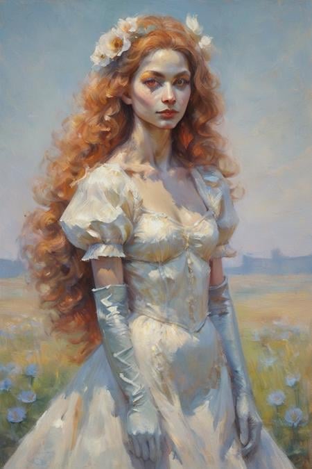 score_9, score_8_up, score_7_up, oil painting, traditional media, realistic, 1girl, solo, long hair, curly hair, wavy hair, orange hair, orange eyes, looking at viewer, breasts, dress, white dress, puffy sleeves, puffy short sleeves, short sleeves, gloves, elbow gloves, white gloves, cowboy shot, closed mouth, standing, outdoors, field, flower, grass, plant, sky <lora:Impressionism Oil Painting Style LoRA_Pony XL v6:1>