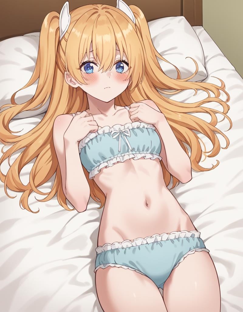 score_9, score_8_up, score_7_up, source_anime, <lora:ririsa-amano-s1-ponyxl-lora-nochekaiser:1>, ririsa amano, long hair, bangs, blue eyes, blonde hair, hair between eyes, two side up,, <lora:cinderella-bust-ponyxl-lora-nochekaiser_r1:1>, cinderella bust, underwear only, frilled bra, navel, panties,, indoors, bed, bed room, blush, on bed, on back, , cowboy shot, dutch angle