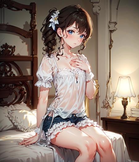 masterpiece, blue eyes, brown hair, curly hair, side ponytail, white camisole, bloomers, sitting, indoors, bed, medieval, hand on chest, blushing, handkerchief, <lora:Pauline :0.8>