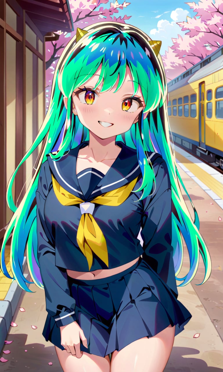 ((masterpiece, highres, high quality, very aestethic, intricate details)), anime style, 1girl, lumxl, lum, long hair, green hair, aqua hair, multicolored hair, cone horns, serafuku, school uniform, blue shirt, long sleeves, yellow neckerchief, sailor collar, smile, :D, light blush, looking_at_viewer, cowboy_shot, cherry_blossom, tree, outdoors, road, train, falling_petals, portrait<lora:EMS-343458-EMS:1.300000>