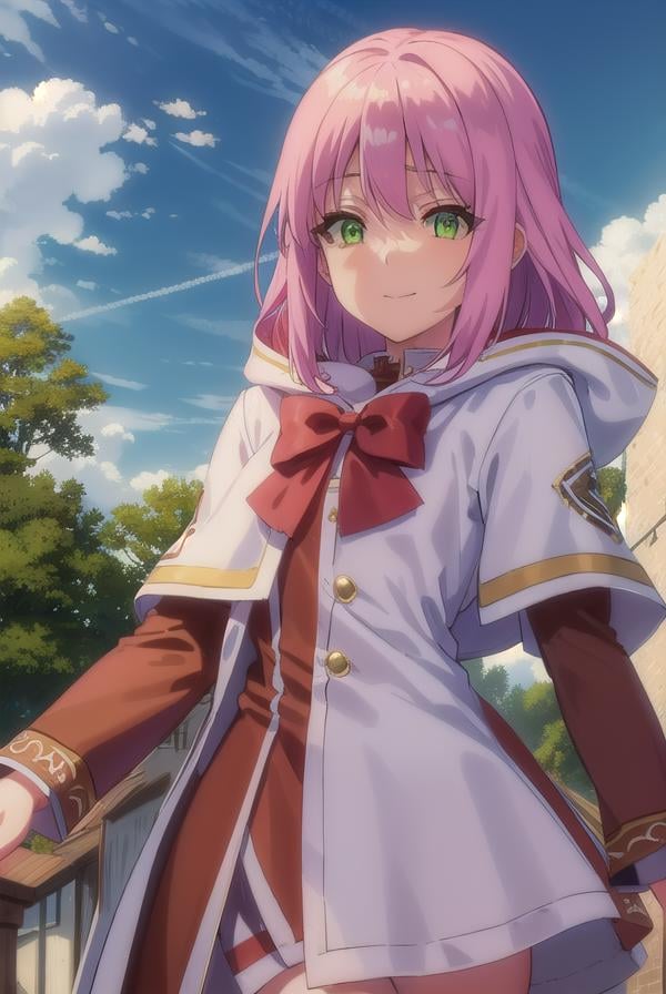 nornclatalissajioral, <lora:norn clatalissa jioral s1-lora-nochekaiser:1>,norn clatalissa jioral, long hair, hair between eyes, (green eyes:1.5), pink hair, smile,BREAK long sleeves, dress, bow, red bow, hood, robe, white robe,BREAK outdoors, forest, nature, grass, trees, sun, sky, clouds,BREAK looking at viewer, (cowboy shot:1.5),BREAK <lyco:GoodHands-beta2:1>, (masterpiece:1.2), best quality, high resolution, unity 8k wallpaper, (illustration:0.8), (beautiful detailed eyes:1.6), extremely detailed face, perfect lighting, extremely detailed CG, (perfect hands, perfect anatomy),