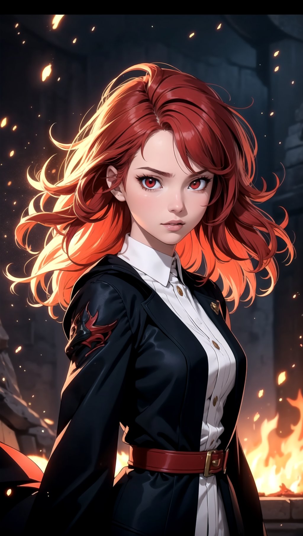 (masterpiece, best quality), 1girl, red hair, red eyes, fantasy, flames, burning, scenery, magic, light particle, messy hair,