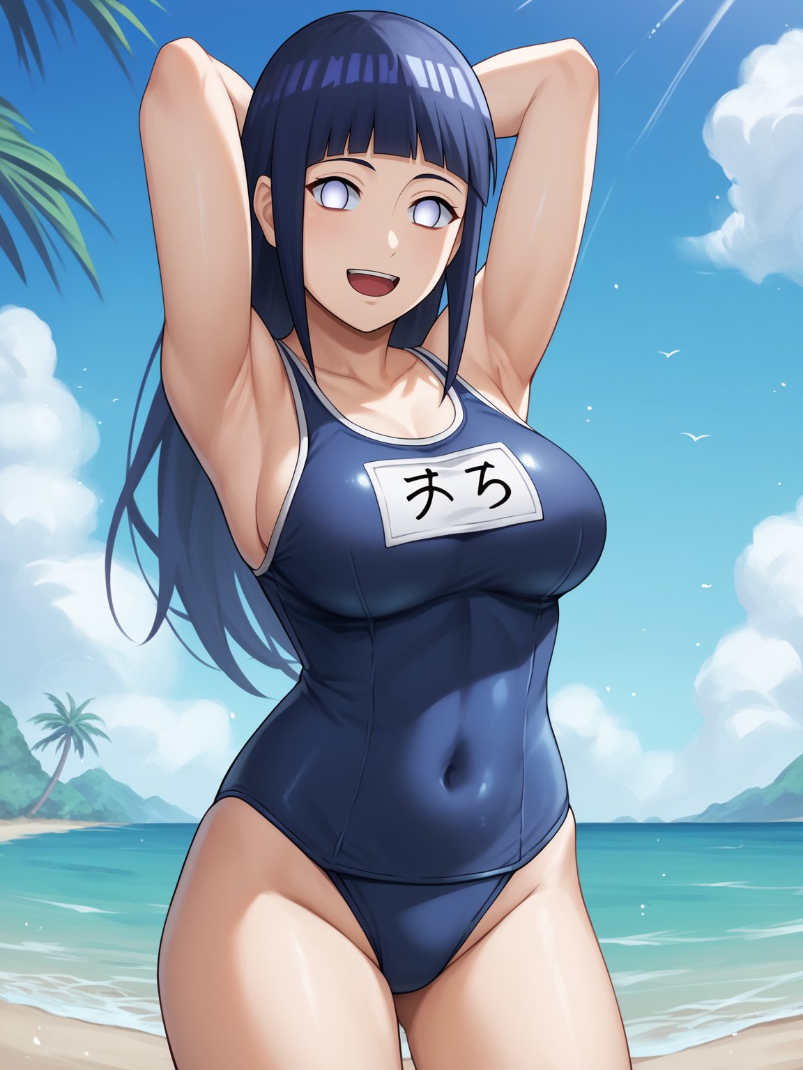 score_9, score_8_up, score_7_up, score_6_up, score_5_up, score_4_up, BREAK,1girl, hinata_shippu, long hair, large breasts,school swimsuit, hands behind head, one-piece swimsuit,open mouth, smile, happy, solo, looking at viewer, sea, sand, blue sky, tropical island background      <lora:HinataXLv7:1>