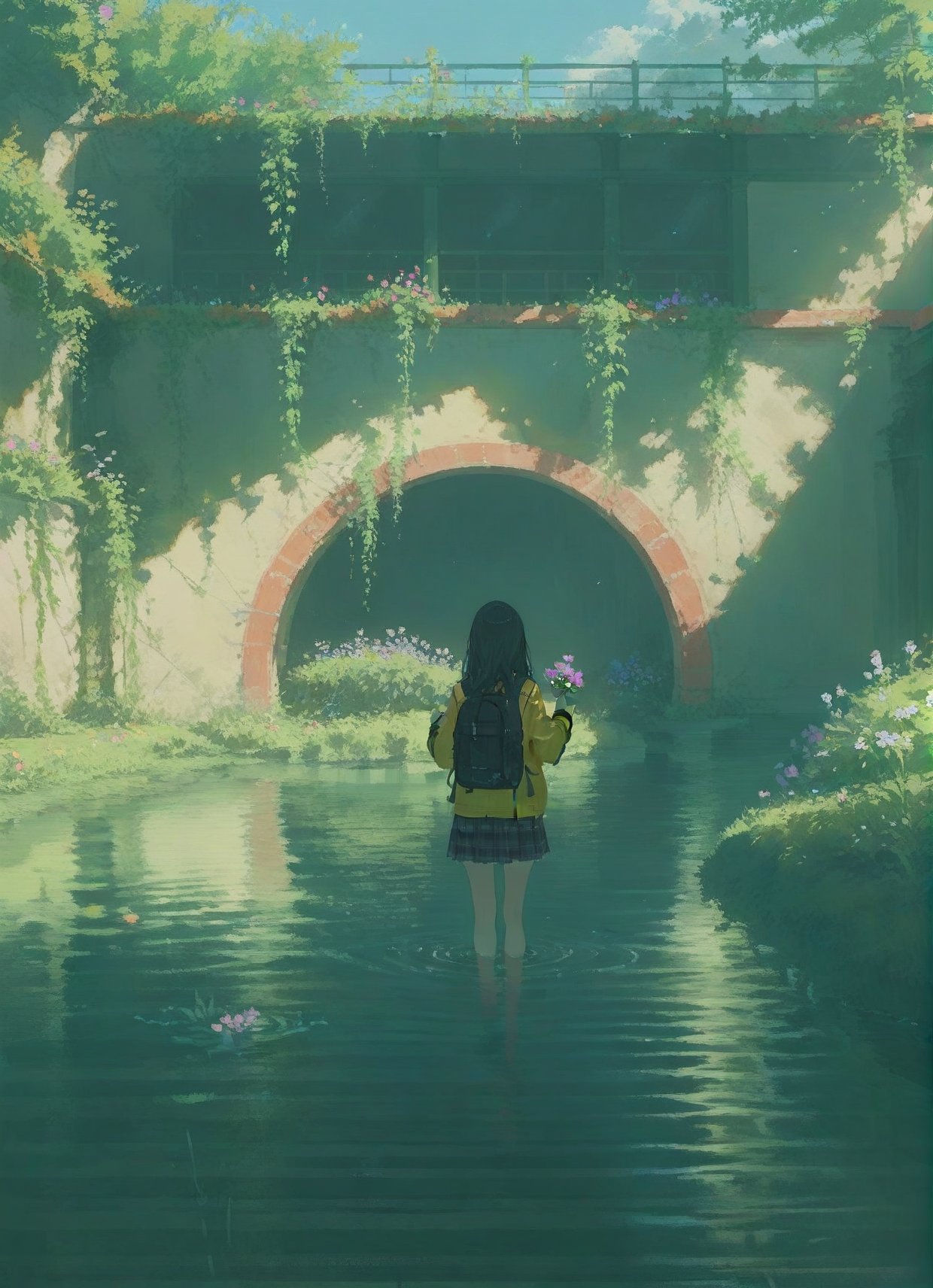 score_9,score_8_up,score_7_up,1girl, flower, solo, skirt, bag, backpack, long hair, yellow jacket, black hair, stairs, wading, water, outdoors, holding flower, plaid skirt, from behind, holding, plaid, plant, pleated skirt, standing, scenery, long sleeves, jacket, overgrown, facing away