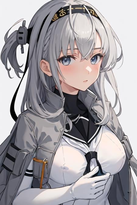 best quality, masterpiece, highres, solo, {suzutsuki_kantaicollection:1.15}, long_hair, one_side_up, grey_hair, headband, hachimaki, hair_between_eyes, breasts, grey_eyes, black_headband, blue_eyes, bodysuit, white_hair, 1girl, black_sailor_collar, clothes_writing, grey_jacket, jacket, looking_at_viewer, sailor_collar, school_uniform, serafuku, upper_body, white_bodysuit, grey_background, simple_background, jacket_on_shoulders