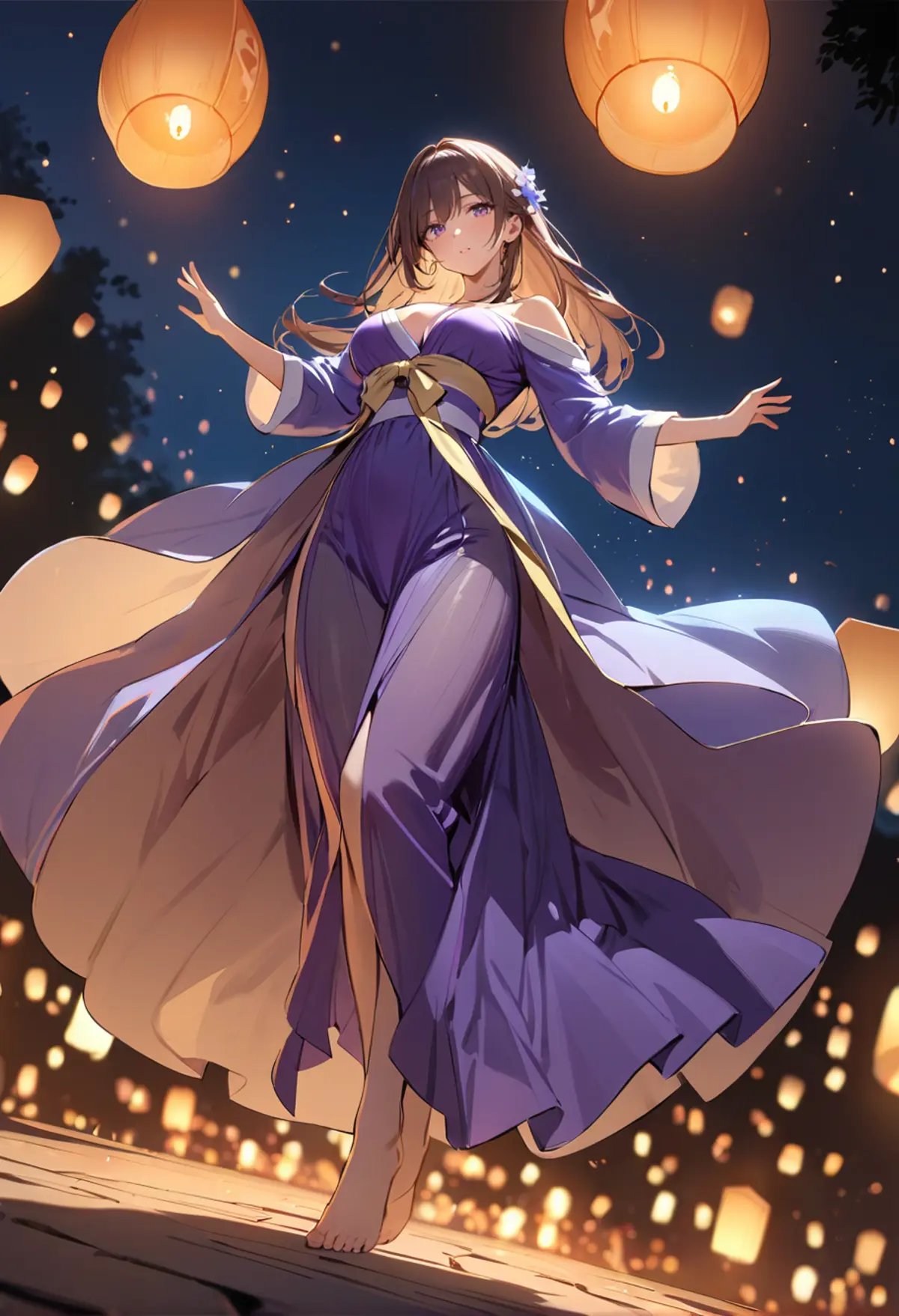 ,ruanyi0799,lantern,glowing,night sky,1girl,solo,hanfu,full body,dancing,hanfu,purple dress,see-through,wide sleeves,from below,<lora:0799 Kongming lantern_xl_v1:1>, masterpiece,best quality,ultra detailed,8K,super fine illustration,highly detailed beautiful face and eyes,perfect anatomy,professional lighting,