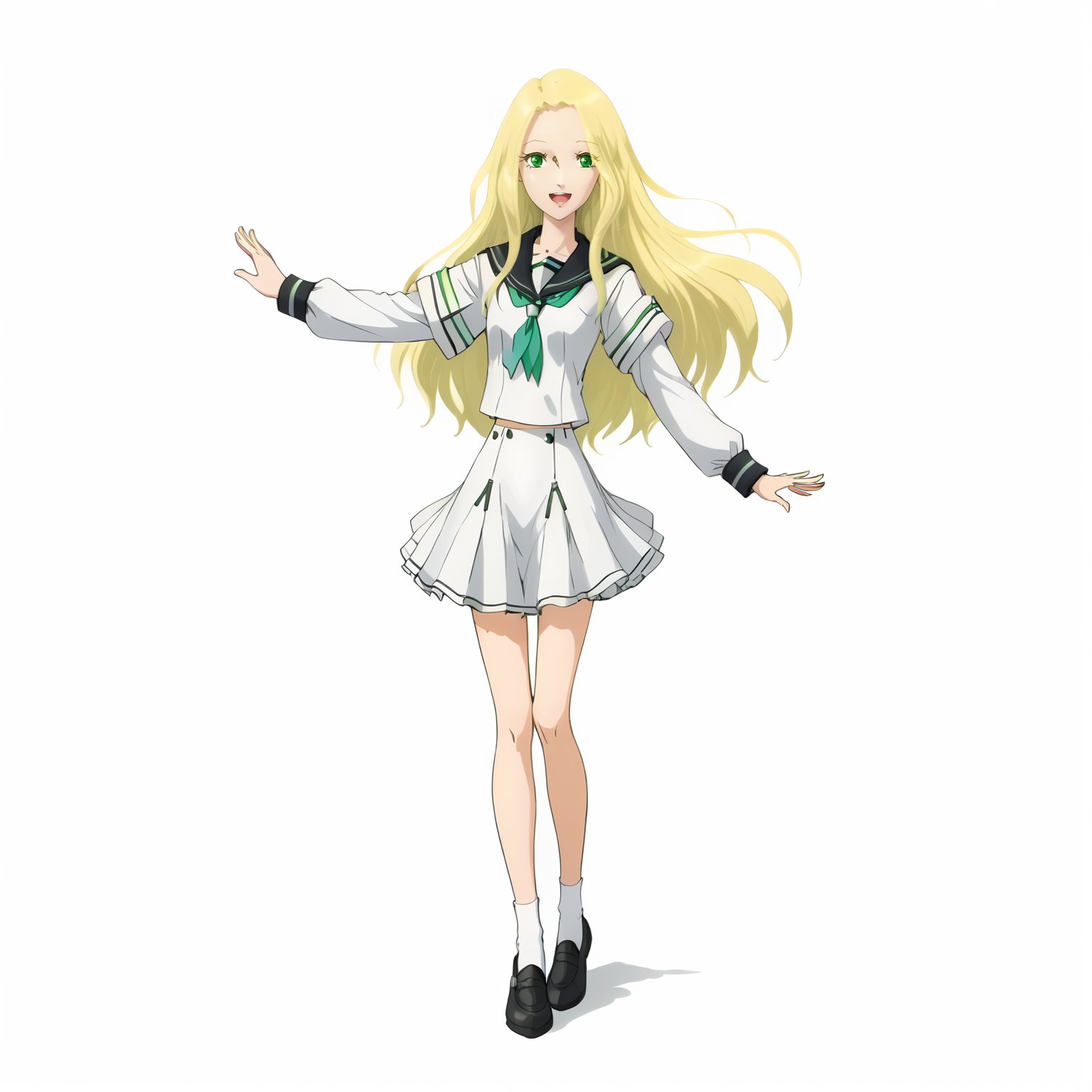 <lora:FatimaPasitheaXLpony002>,smile,open mouth,solo,FatimaPasithea,1girl,blonde hair,long hair,green eyes,full body,standing,serafuku,