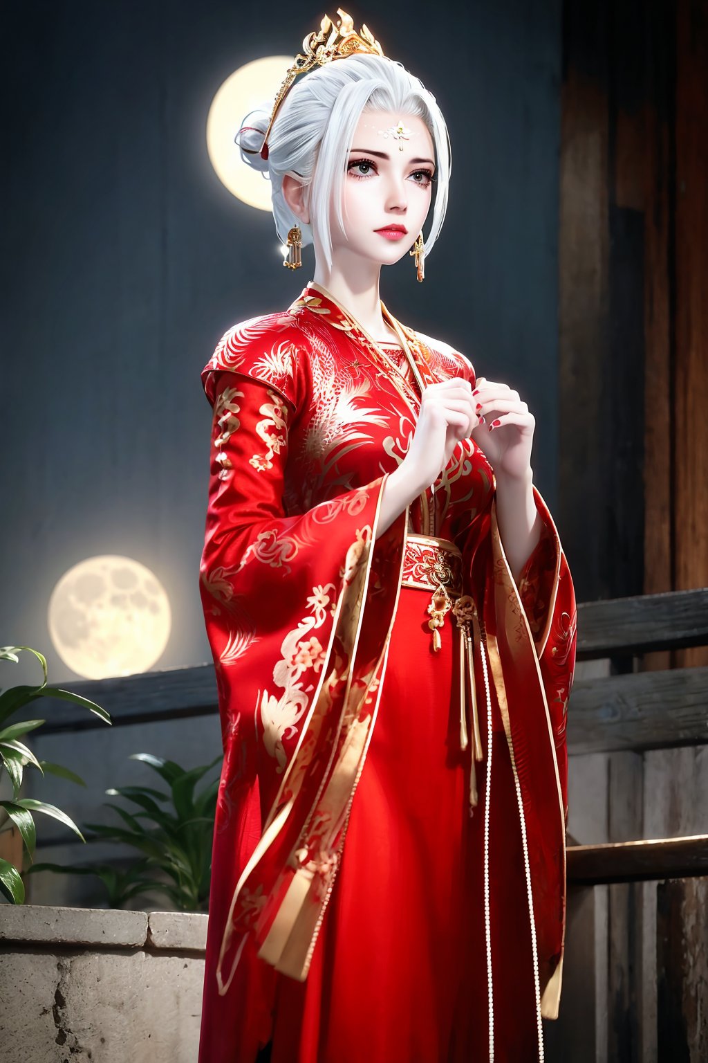 standing, dress, chinese_clothes, long_sleeves, detached_sleeves, wide_sleeves,  hanfu, looking_at_viewer (8k, RAW photo, best_quality),(highly_detailed),(masterpiece:1.2),(ultra-detailed),(extremely_detailed_cg_8k_wallpaper),(realistic:1.2),(photorealistic:1.3),(scenery,  east_asian_architecture, full_moon, moon, night,  moonlight,  night_sky,  sky,  potted_plant,  plant),1girl, solo,  white_hair, hair_ornament, hair_bun, forehead_mark, facial_mark, eyeshadow, eyelashes, jewelry, earrings, makeup, red_dress,white_legwear,fingernails, nail_polish, black_nailsmedium_shot,(texture_skin:1.3),(shiny_skin:1.4),<lora:syqiangk_加强_水L香_婚服版_C9_5.2:0.8>,