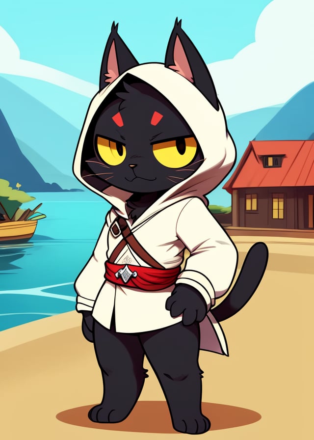 by Nulloffset, by Jijis-Waifus, by Argon Vile,solo (toony chibi assassin's creed, chibi black cat:1.25),black body, yellow eyes, white robe,BREAK,building, town, plant, mountatin, port harbor,masterpiece, best quality, 4k, 2k, (high detail:1.25), absurd res