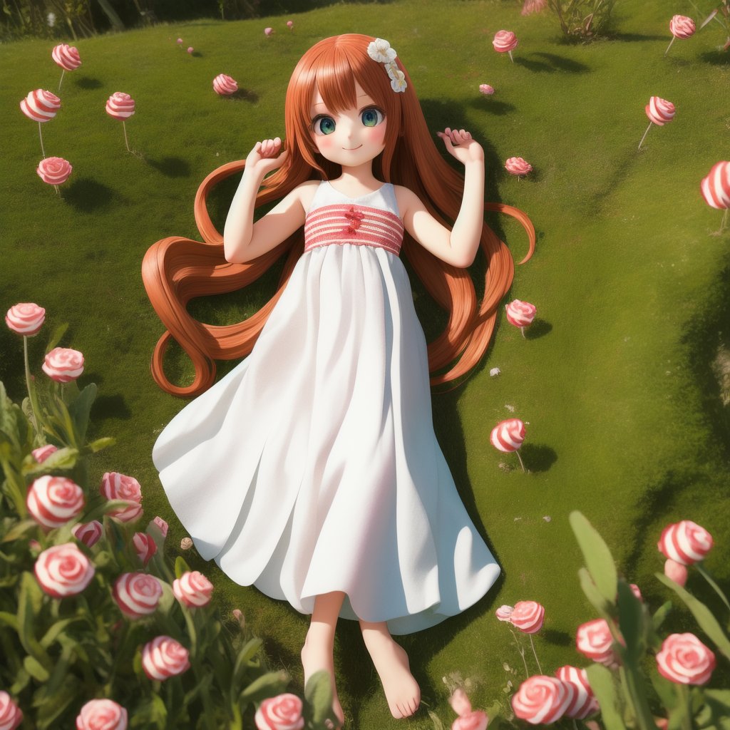 (masterpiece), (best quality), (extremely detailed), (1girl), solo, (pretty cute girl), looking at viewer, smile, slender, evenly sized eyes, extremely detailed eyes, full body, outdoors, inside meadow. lying, wide shot, extremely detailed wallpaper, (completely detailed features), 16k, candycane sorrel<lora:EMS-434619-EMS:0.500000>