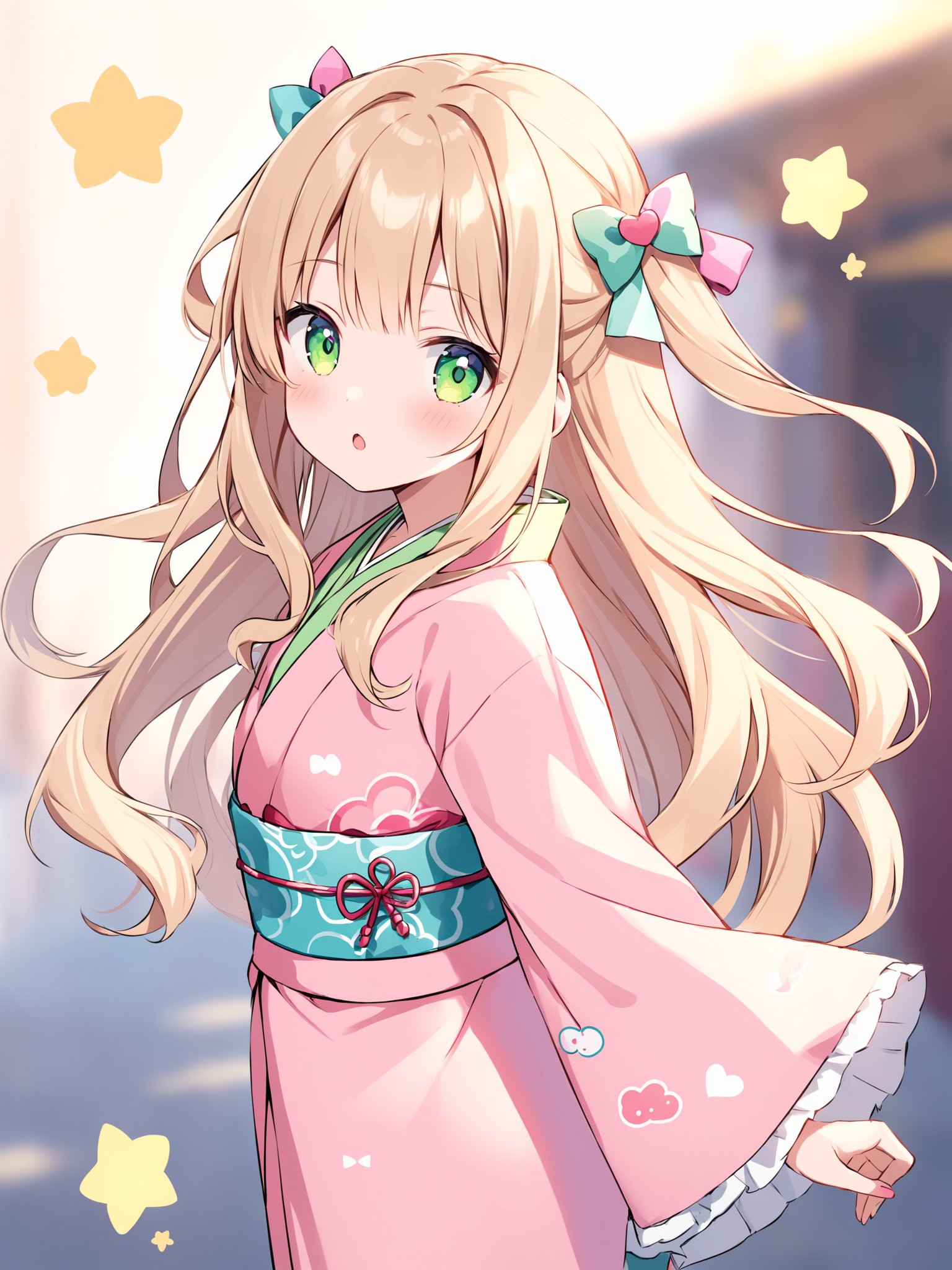 kimono, blown hair, long hair, cute, kawaii, :o, looking at viewer