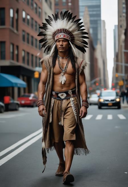 Leica Hasselblad portrait, hyperdetailed Photography, a Native American man walks proudly confidently in traditional clothing with an Indian feather hat on his head a wolf accompanies him in the streets of New York in the middle of the buildings in the middle of the road. Large view