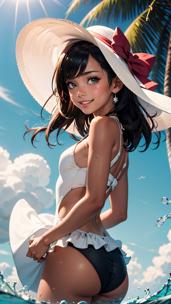 (best quality, masterpiece, colorful, highest detailed) upper body photo, fashion photography of cute upskirt view, anime young caramel tan skin small girl, long straight black hair, enjoy play with water, beach, small white simply swimsuit, tan lines, armonic design, peacefull, big white hat, smiling, shining sun in the sky, flare lens, funny coloured clouds, dim colors