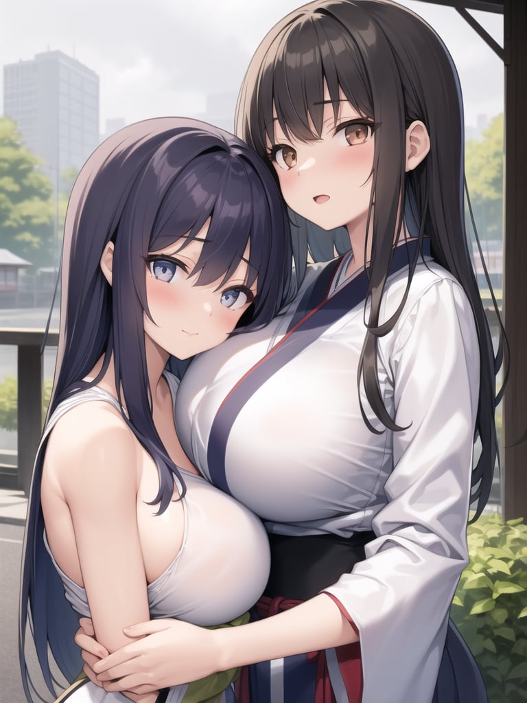 masterpiece,best quality,2girls,hug outdoors,grey sky,blue japanese clothes,large breast,upper body