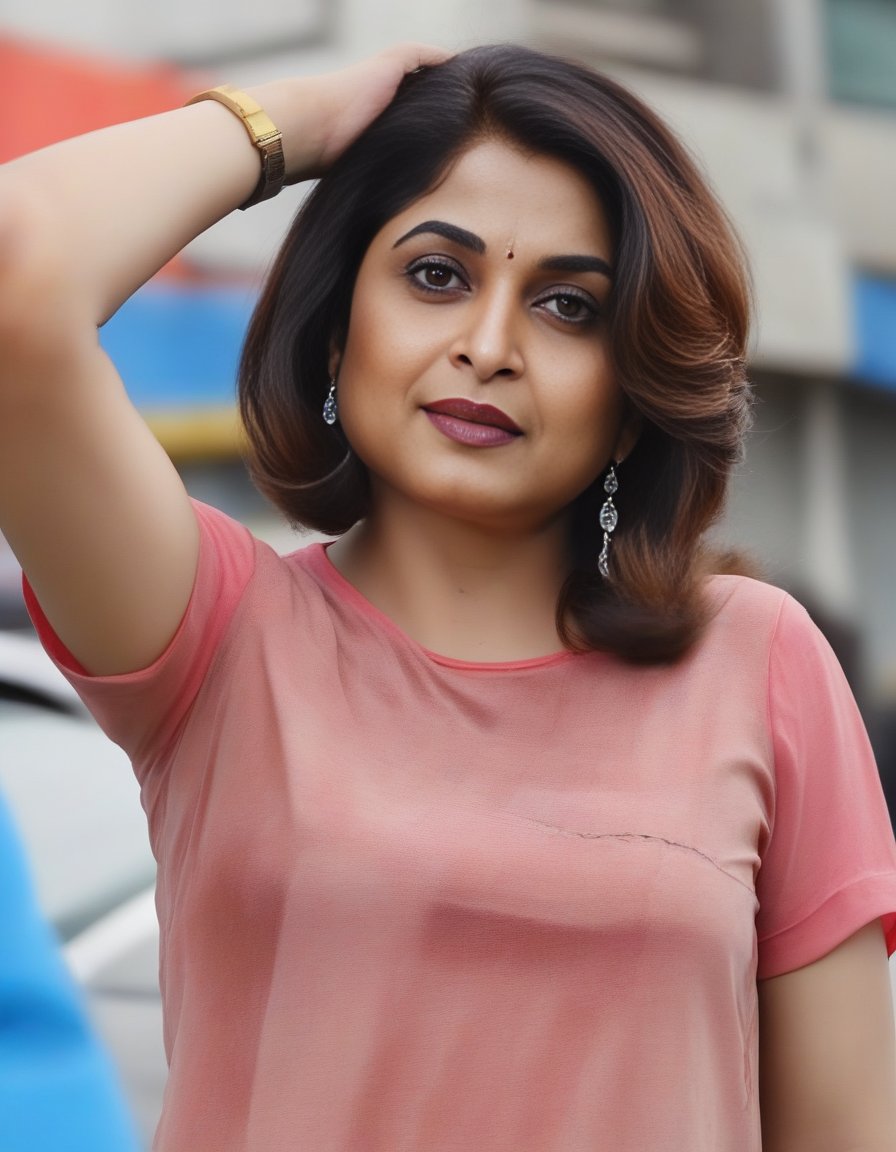 RamyaKrishnan,<lora:RamyaKrishnanSDXL:1>An image of a young woman with a medium warm complexion and natural makeup, featuring defined eyebrows and neutral lips. Her chestnut brown hair is cut into a textured lob with subtle highlights. She is wearing a cropped coral pink t-shirt and low-rise blue jeans with a wash effect and distressed details. She poses casually outdoors, lifting her hair with one hand, against a blurred urban backdrop, exuding a confident and relaxed vibe.