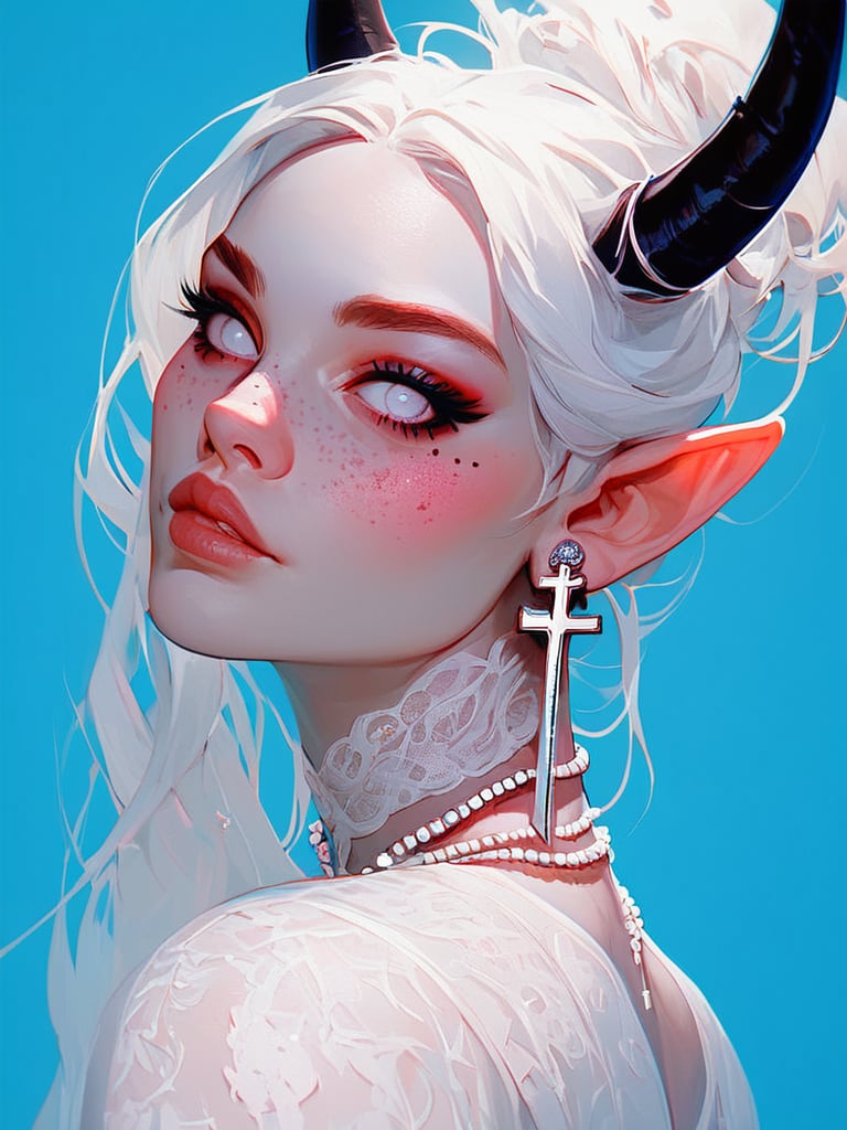 score_9, score_8_up, score_7_up, score_6_up, score_9, score_8_up, score_7_up, score_6_up, BREAK,1girl, pale skin, freckles, white eyes, white hair, black horns,looking back, from side, looking at viewer, looking at viewer, jewelry, white dress, lace trim, pearl necklace, pearl earrings, colored eyelashes, black_makeup, makeup, hair up, close-up, portrait, cross tattoo, cross earrings, facial tattoo, parted lips, film grain, realistic, blue background, simple background, big eyes, parted bangs, facial mark, inverted cross, pointy ears, head tilt, <lora:xl_more_art-full_v1:0.25>, <lora:Stylized_Galactic:1>,