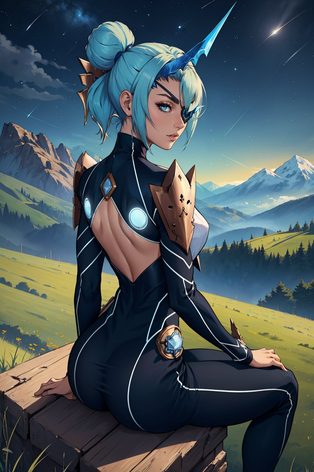 masterpiece, best quality, 1girl,  <lora:xctheory-nvwls-v1-000009:0.9> xcTheory, single hair bun, horns, hair ornament, eyepatch, bodysuit, armor, black pants, from behind, looking at viewer, from above, sitting, field, night sky, mountains