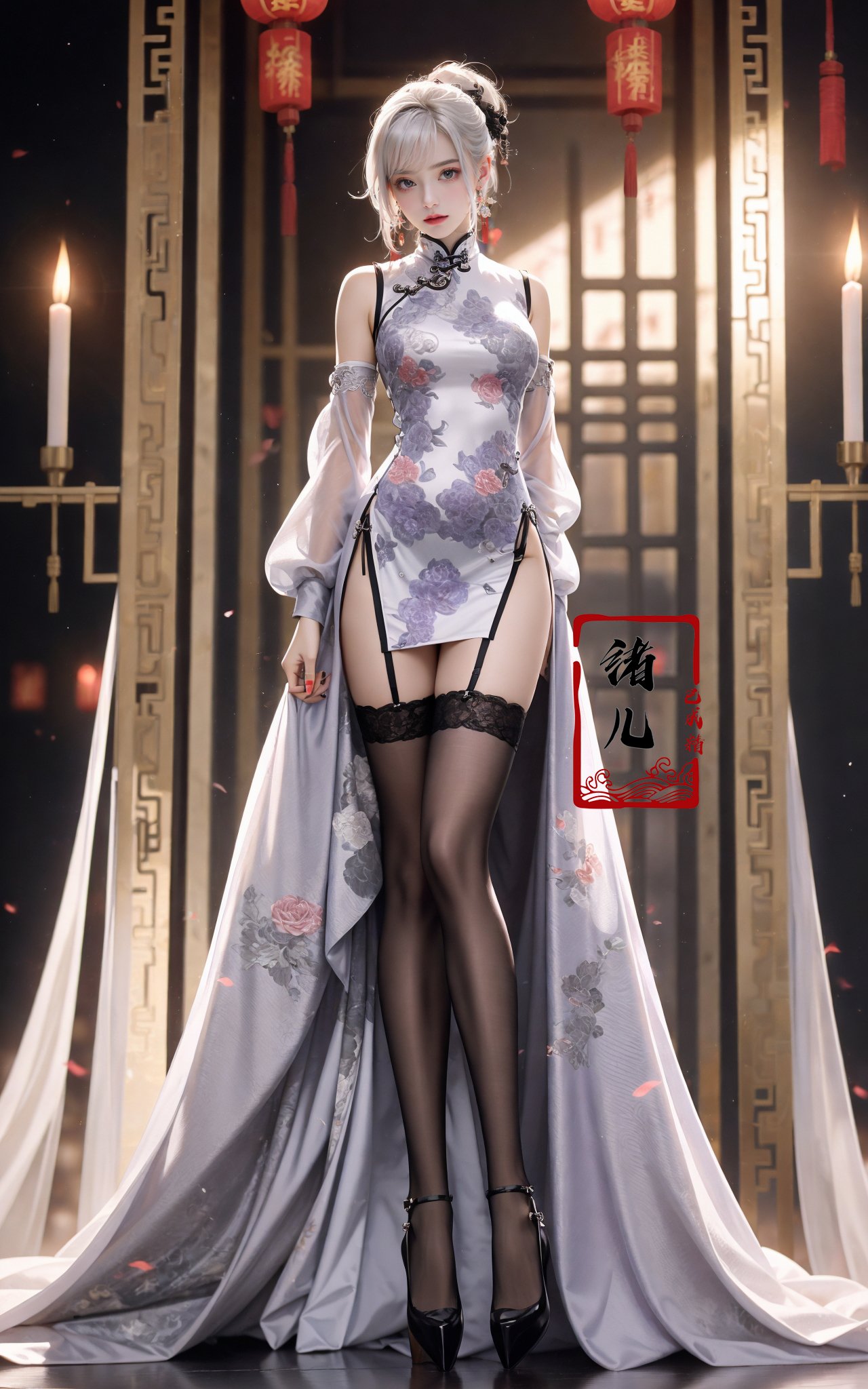 Black background,Fashion cheongsam，nail polish，lace trim，gradient，contrapposto，purple long dress，lace，red lips， (full body:0.7), white thighhighs,white hair，crossed legs，<lora:Fashion cheongsam_20231207093219:0.7>