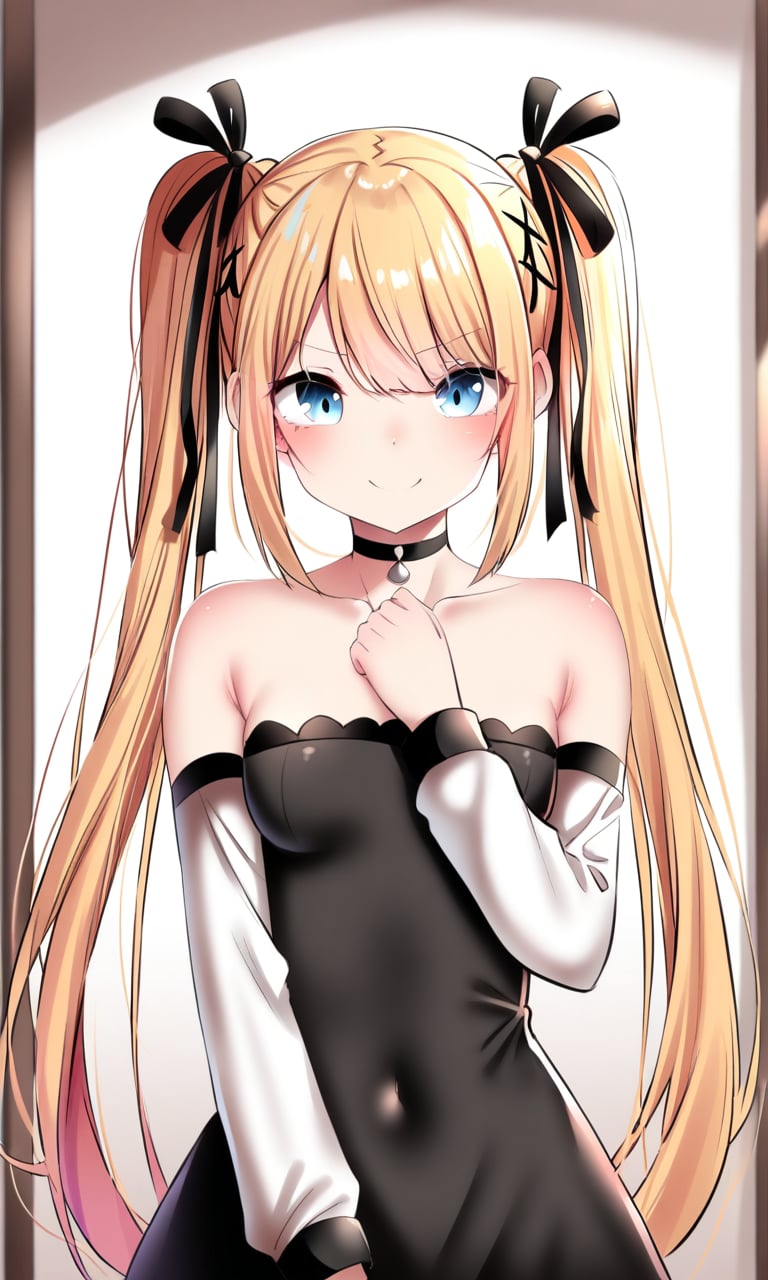 1girl, marierose, bangs, bare shoulders, black ribbon, blonde hair, x hair ornament, blue eyes, small breasts, blush, breasts, choker, black dress, closed mouth, collarbone, detached sleeves, eyebrows visible through hair, hair ribbon, long hair, long sleeves, looking at viewer, ribbon, smile, solo, twintails, upper body, v-shaped eyebrows, very long hair, upper body, straight-on, (indoors:1.1), masterpiece, best quality, absurdres, by gweda, <lora:MarieRose_XL:1> 