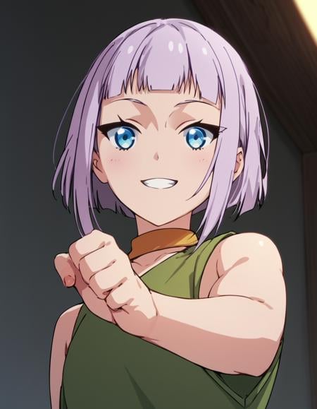 score_9, score_8_up, score_7_up, score_6_up, score_5_up, score_4_up, source_anime, , Linea, short hair, purple hair, blunt bangs, blue eyes,   soft smile, action pose