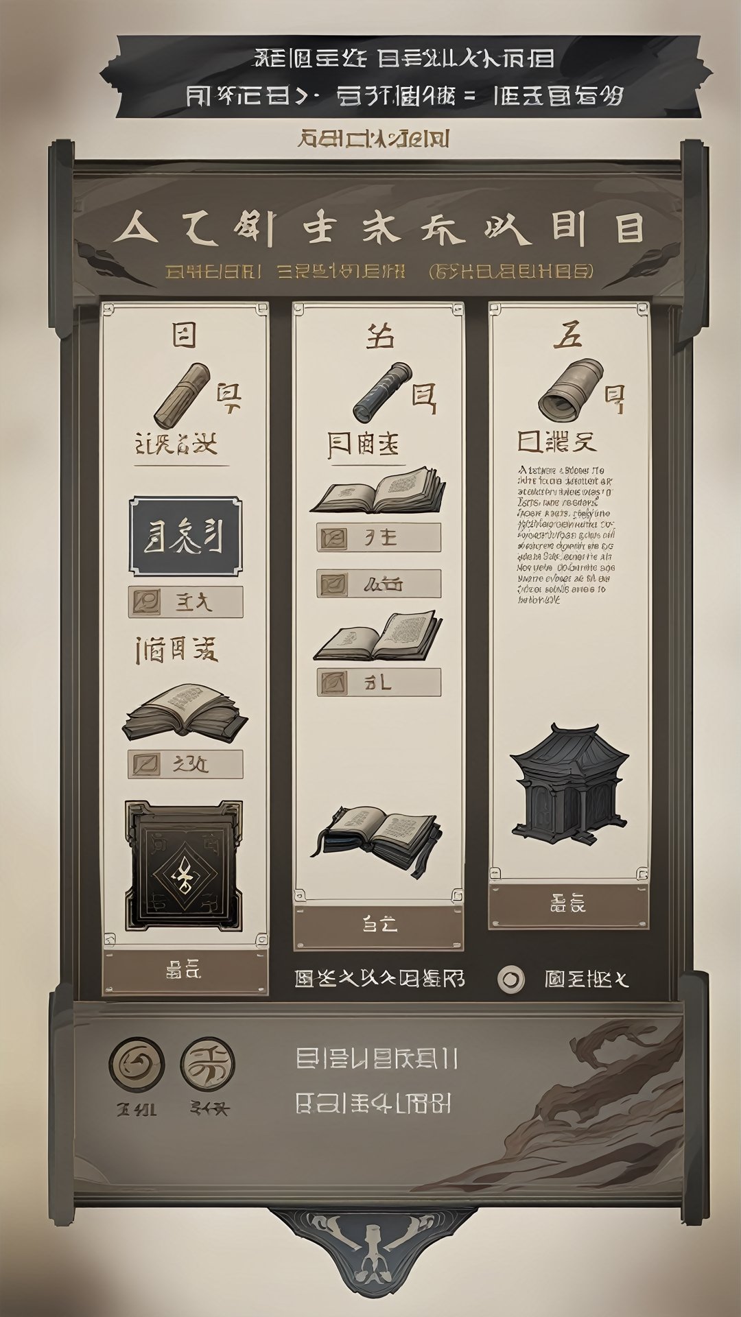 Ancient scrolls exploration activity interface,placed around the ancient books and mysterious runes,to create a strong atmosphere of ancient books. There are detailed depictions of ancient books and ink,showing the stability and sense of knowledge of the ancient scrolls. At the top of the interface is a brown banner that reads "Ancient scroll Exploration," in a simple seal script with a deep ink effect,<lora:sdxl_21shuimojiemian:0.6>,