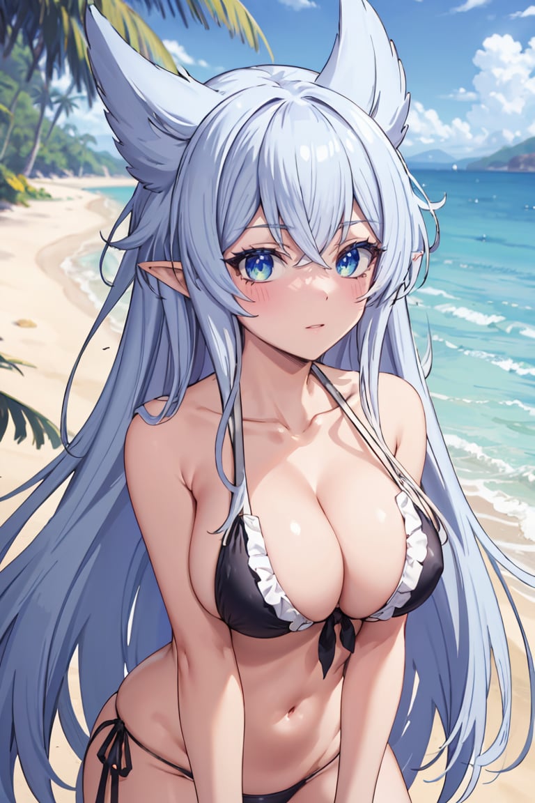 masterpiece, best quality, ultra-detailed, glistening shiny, glowing light, ray tracing, HDR, deph of field, (perfect face, detailed face),  <lora:Fenrys:0.7>, fenrys, long hair, blue eyes, hair flaps, pointy ears, large breasts, micro bikini, black bikini, bare shoulders, collarbone, standing, beach