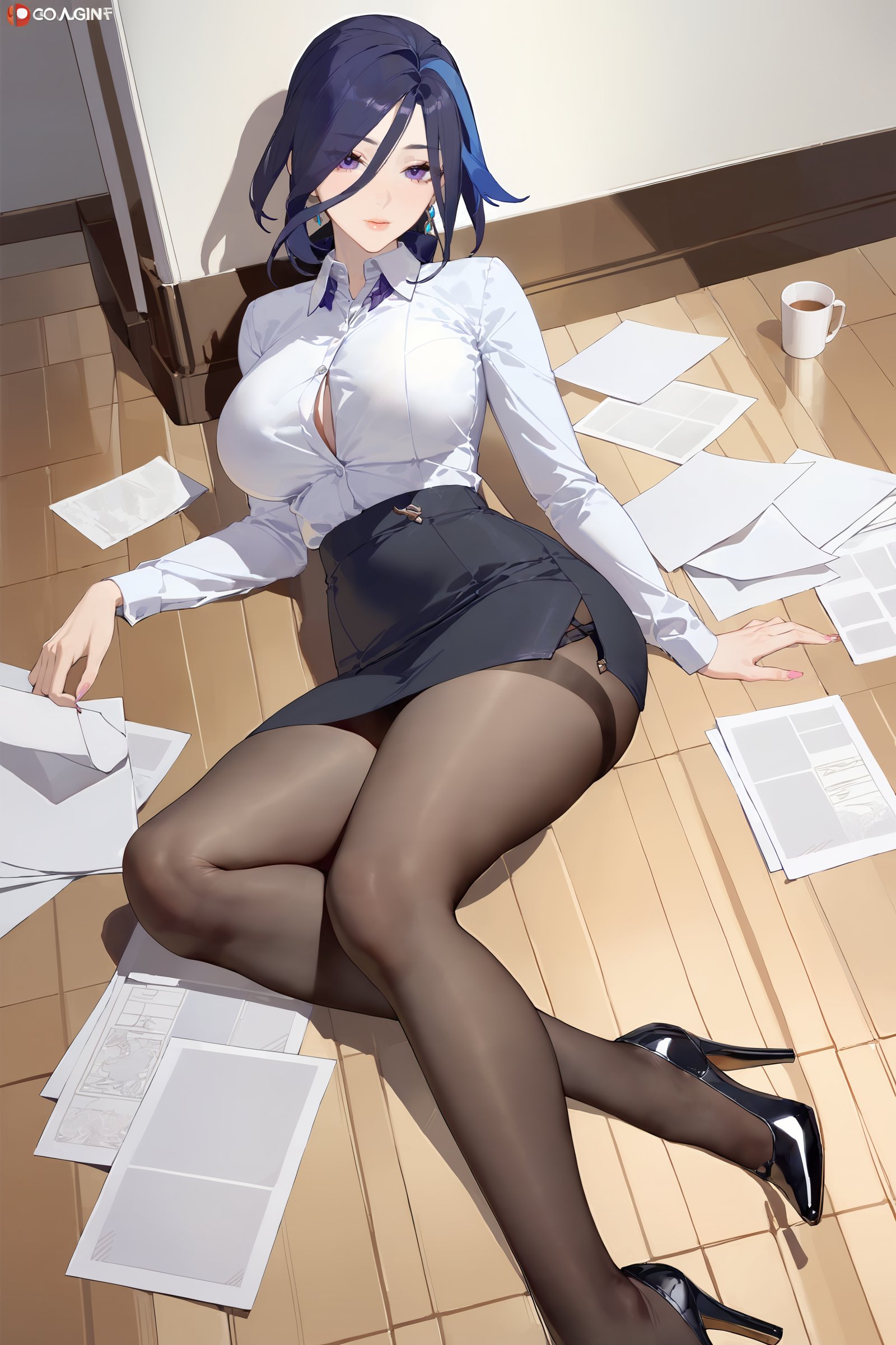 masterpiece, best quality, perfect features, intricate details, ray tracing, newest,(hitenkei, askzy:0.4), 1girl, clorinde \(genshin impact\), office lady, collared shirt, pencil skirt, black pantyhose, high heels, looking at viewer, reclining, yokozuwari, floor, paper, from above, milf, mature female <lora:quality1:0:hr=1>,  <lora:Char-Genshin-Clorinde-XL-V1:0.9>