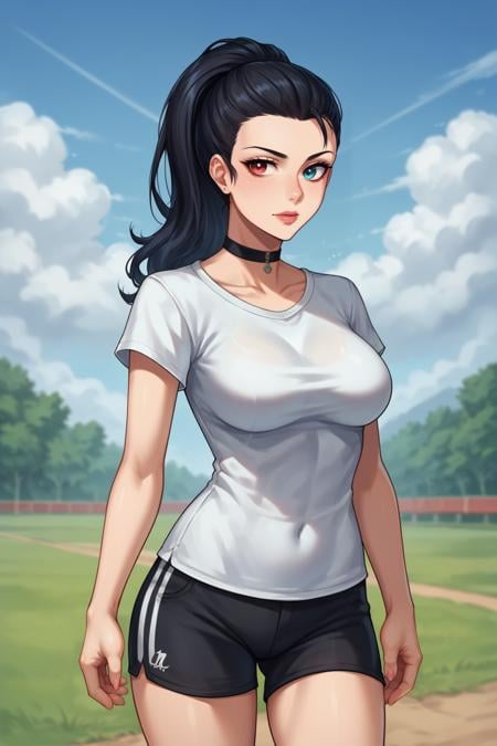 score_9, score_8_up, score_8, <lora:Everlasting_Summer_Viola:0.7>, viola, ponytail hair, heterochromia eyes, left eye red, blue eye blue, 1girl, solo, blue eyes, heterochromia, ponytail, red eyes, black hair, lipsmature,choker, black sport shorts and tshirt, look at the camera,amazing background, day, outside, clouds, sky