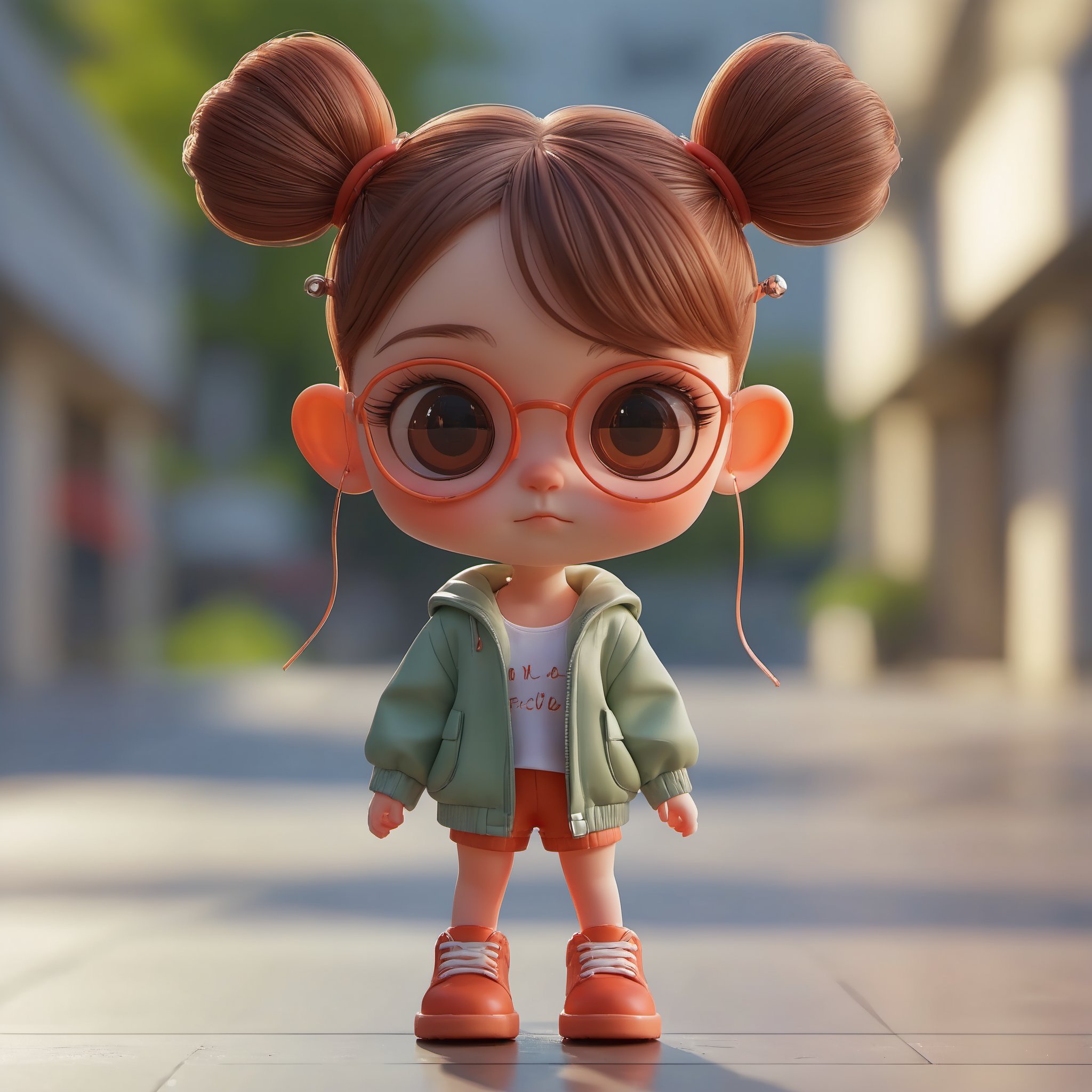 1girl,solo,eyewear on head,blurry background,brown hair,earrings,jewelry,blurry,looking at viewer,double bun,shirt,white shirt,hair bun,outdoors,standing,shorts,jacket,brown eyes,shoes,closed mouth,full body,female child,open clothes,chibi,red-framed eyewear,long sleeves,sunglasses,signature,artist name,child,platform footwear,depth of field,pavement,glasses,