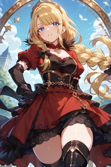 score_9, score_8_up, score_7_up, score_6_up, 1girl, <lora:Neo:0.9> neo, solo, blonde hair, looking at viewer, thighhighs, braid, boots, long hair, gloves, blue eyes, hand on hip, dress, red dress, breasts, spade (shape),