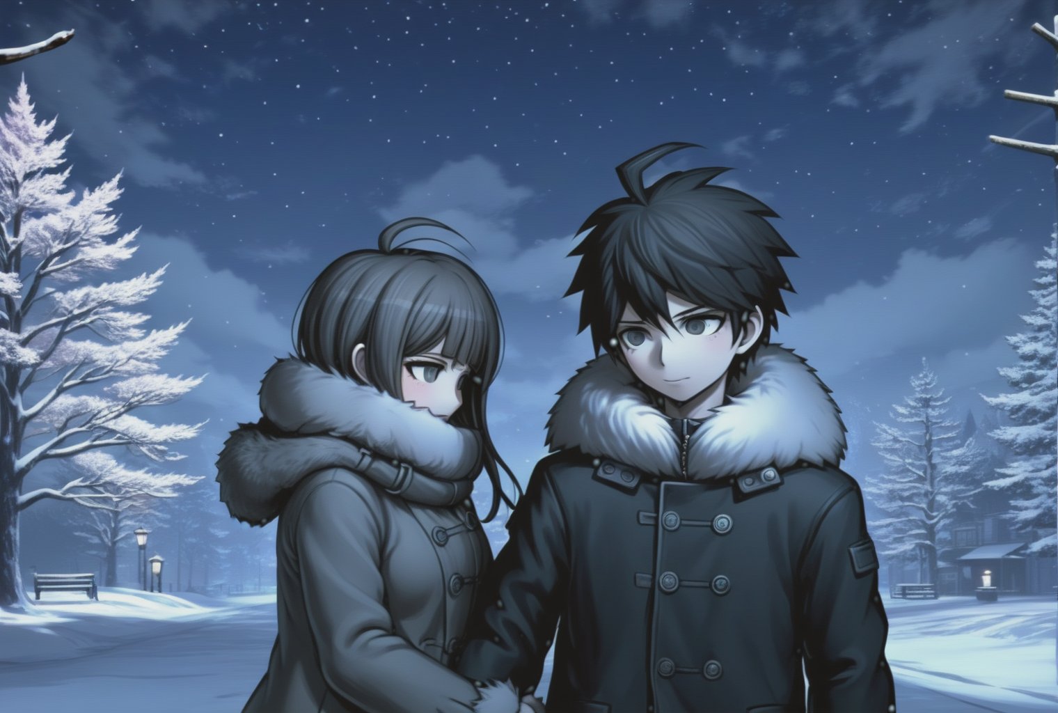 a couple, tender embrace, romantic scenery, moonlit night, silhouette figures, soft illumination, close connection, loving gestures, dreamlike ambiance, cozy atmosphere, warm clothing, winter wonderland, snowy background, handholding, fur coat, cuddle position, content expressions, danganronpa style, thick lines, full-body portrait, detailed eyes, close-up, <lora:danganronpa_style:0.8>
