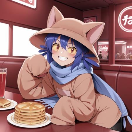 1girl,solo,cniko,blue hair,short hair,hair between eyes,whiskers,cat hat,yellow sclera,brown eyes,slit pupils,blue scarf,brown dress,long sleeves,sleeves past fingers,sleeves past wrists,black legwear,<lora:last:1>,indoors,diner,sitting at table,looking at viewer,big grin,excited,overjoyed,happy,hand up,paw pose,sitting in a diner,indoors,pancakes on table,, score_9, score_8_up, score_7_up, perfect anatomy, source_anime, zPDXL2,