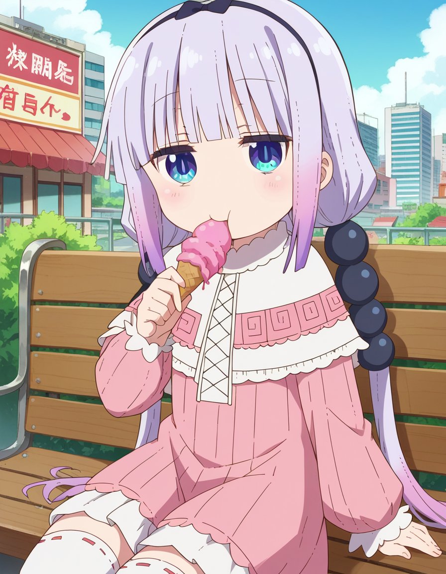 score_9, score_8_up, score_7_up, source_anime,kannakamui, <lora:kanna-kamui-s2-ponyxl-lora-nochekaiser:1>kanna kamui, long hair, bangs, blue eyes, hair ornament, twintails, blunt bangs, low twintails, light purple hair, beads, dragon girl, hair beads, hairband,thighhighs, long sleeves, dress, capelet, juliet sleeves,outdoors, cityscape, sitting, bench, ice cream, food, eating,looking at viewer, dutch angle, cowboy shot