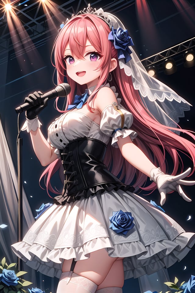 insanely detailed, absurdres, ultra-highres, ultra-detailed, best quality,1girl, solo, nice hands, perfect handsBREAK(nsfw:-1.5),(fusion of white mourning-dress and white wedding dress:1.2), (gothic dress:1.3), (light-blue and white theme:1.3), ((white mourning-veil, white see-through wedding-veil):1.5), ((white latex corset, light-blue breast-cup):1.4), (short puff-sleeve:1.3), ((white collar, tie-bow):1.3), ((ruffle-skirt, multilayer-skirt):1.4), ((stockings, garter belt):1.3), (see-through long gloves:1.3), (blue rose decoration on head:1.3), (high heels:1.1)BREAKhappy smile, laugh, open mouth, (standing, singing, dancing, holding microphone:1.4)BREAKfrom side,cute pose, cowboy shotBREAKslender, kawaii, perfect symmetrical face, ultra cute girl, ultra cute face, ultra detailed eyes, ultra detailed hair, ultra cute, ultra beautifulBREAKindoors, concert hall, idol live, crowded audienceBREAKmedium large breastsBREAKpink hair, pink eyes, chignon, hair between eyes