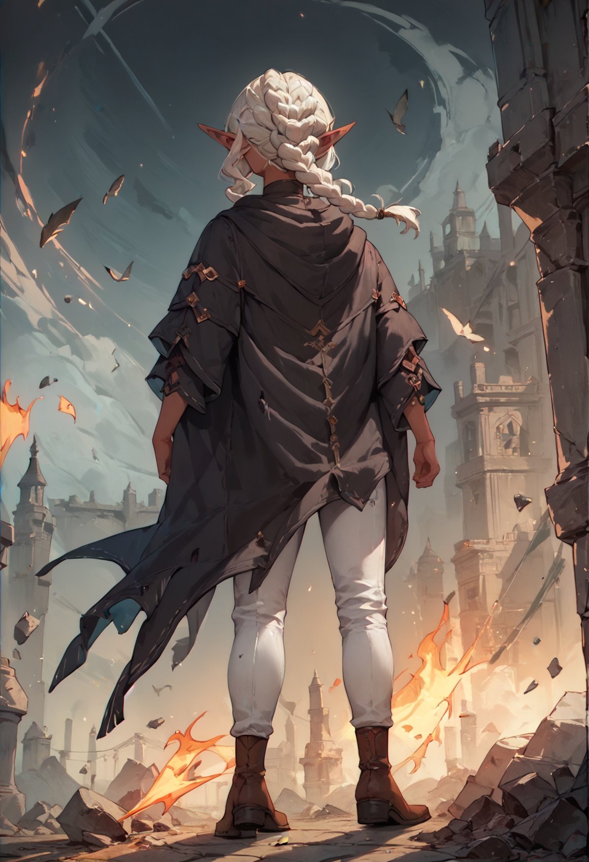 (score_9), score_8_up, score_7_up, score_6_up, zPDXL, thistle \(dungeon meshi\), white hair, pointy ears, dark skin, bangs, braid, (from behind), full body, black poncho, black robe, white pants, medieval, brown boots, city, ruins, debris, fire, destruction, dark sky, night, <lora:Thistle_DM_XL_Pony:1> 