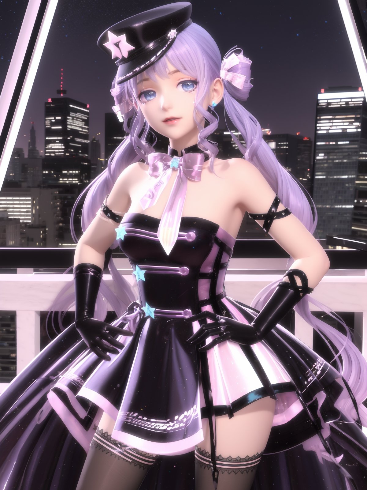 SYNNyuwangzhiyin, 1girl, solo, hat, thighhighs, gloves, long hair, twintails, blue eyes, choker, looking at viewer, standing, star (symbol), asymmetrical legwear, dress, purple hair, black gloves, bow, jewelry, bare shoulders, <lora:BLCS2tianqiong:0.75>,cityscape, night, thigh strap, 