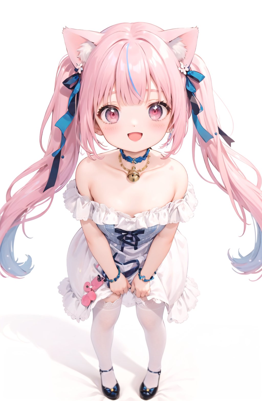 ((from above)), perspective, fisheyes. 1girl, solo, animal ears, small breasts, thighhighs, cat ears, twintails, simple background, white background, looking at viewer, multicolored hair, thighhighs, smile, open mouth, neck bell, pink hair, neck bell, blush, pink eyes, :d, streaked hair, speech bubble, standing, blue dress, hand up, bare shoulders, red eyes, feet out of frame, blunt bangs, ((white:1.3)_pantyhose)), ara ara, long legs, bow, frill, necklace, high heels, jewelry, lace, white legwear, holographic clothing, holographic, lolita off-shoulder dress