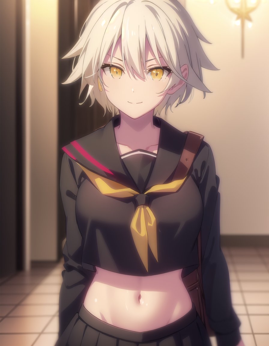 skmiyabi, <lora:sk miyabi s1-lora-nochekaiser:1>,miyabi, bangs, hair between eyes, (yellow eyes:1.3), white hair,BREAK skirt, shirt, long sleeves, navel, school uniform, pantyhose, pleated skirt, necktie, serafuku, midriff, black skirt, sailor collar, black shirt, black sailor collar, (black serafuku:1.2),BREAK indoors, classroom,BREAK looking at viewer, (cowboy shot:1.5), smile,BREAK <lyco:GoodHands-beta2:1>, (masterpiece:1.2), best quality, high resolution, unity 8k wallpaper, (illustration:0.8), (beautiful detailed eyes:1.6), extremely detailed face, perfect lighting, extremely detailed CG, (perfect hands, perfect anatomy),